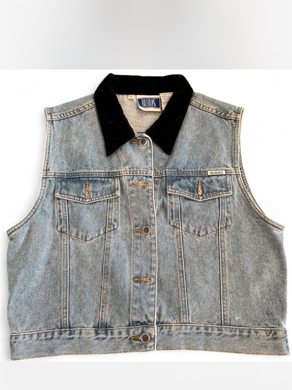 Billblass Vintage Denim Vest with Black Corduroy Collar - Picture 1 of 8